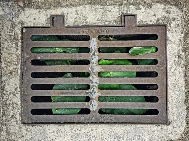 Cast iron EN124 B125 drainage grate of the type used at a driveway threshold in Middleton