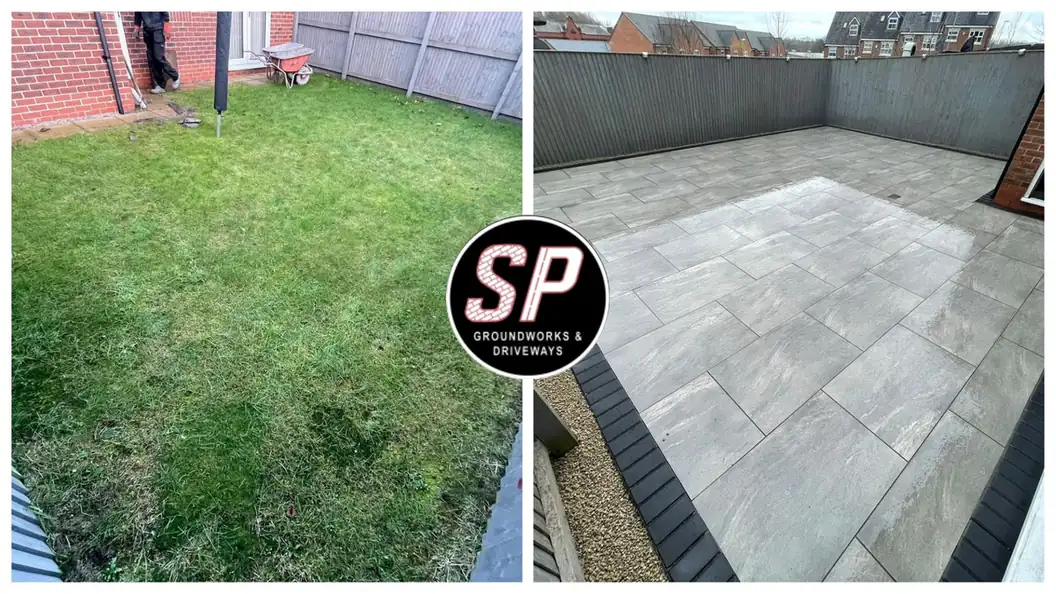 Before and after: Back lawn to grey porcelain by S P Groundworks & Driveways - the kind of job we do across Royton