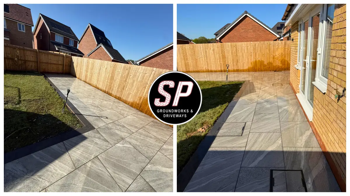 Before and after: Bare lawn to porcelain and turf by S P Groundworks & Driveways - the kind of job we do across Bury