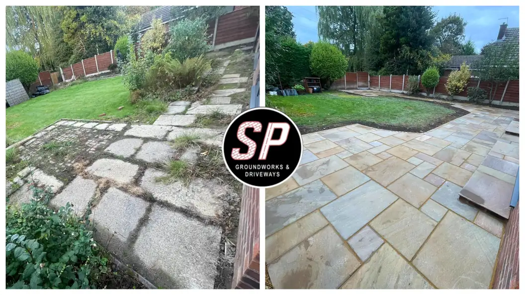 Before and after: Broken slabs to Indian sandstone by S P Groundworks & Driveways - the kind of job we do across Oldham