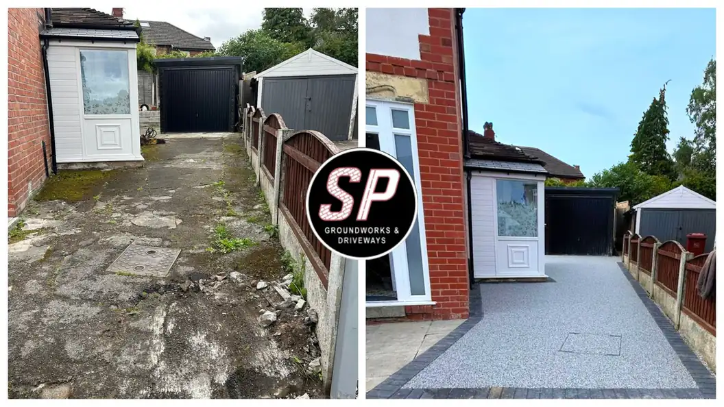 Before and after: Concrete side yard to resin path by S P Groundworks & Driveways - the kind of job we do across Blackley