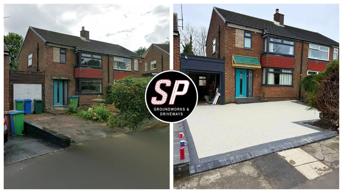 Before and after: Cracked concrete to cream resin by S P Groundworks & Driveways - the kind of job we do across Manchester