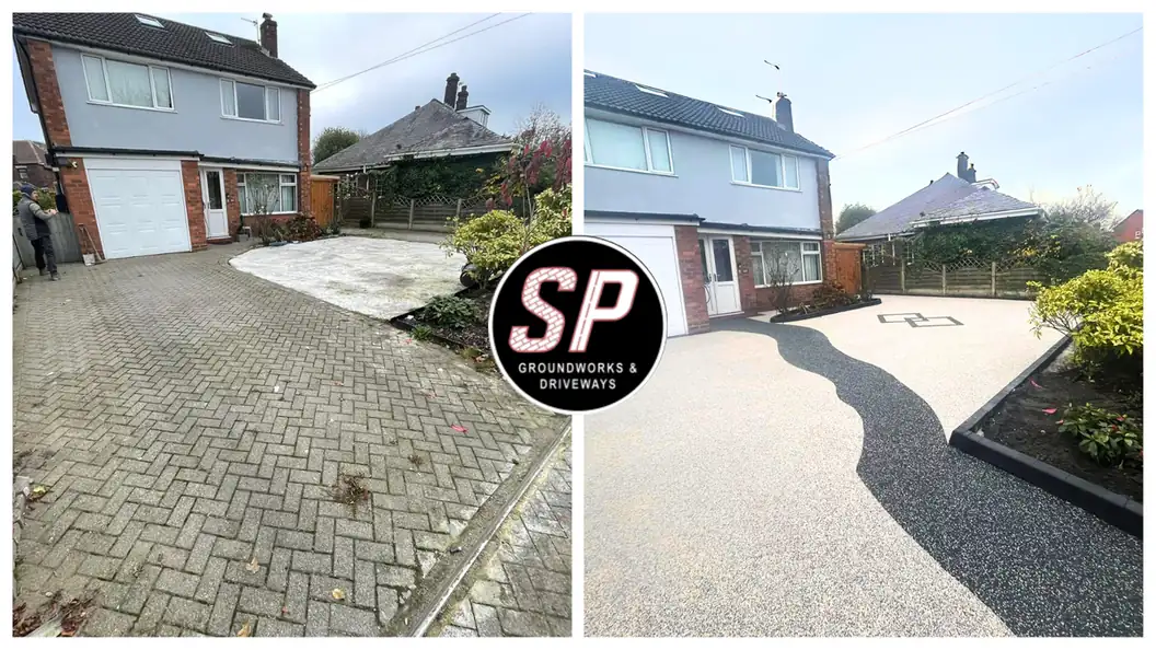 Before and after: Tired block to resin with a feature sweep by S P Groundworks & Driveways - the kind of job we do across Heywood